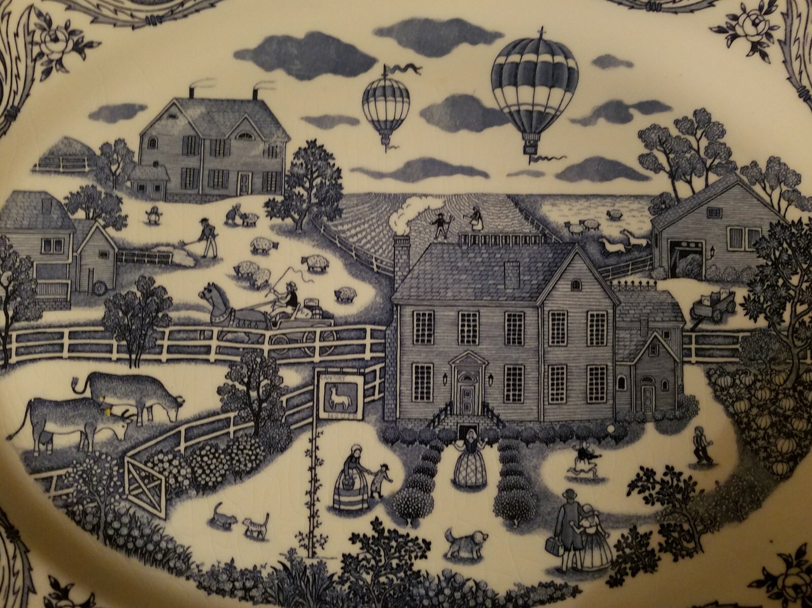 Vintage SANYEI Blue Transferware Large Oval Serving Platter~Japan~Farm, Balloons
