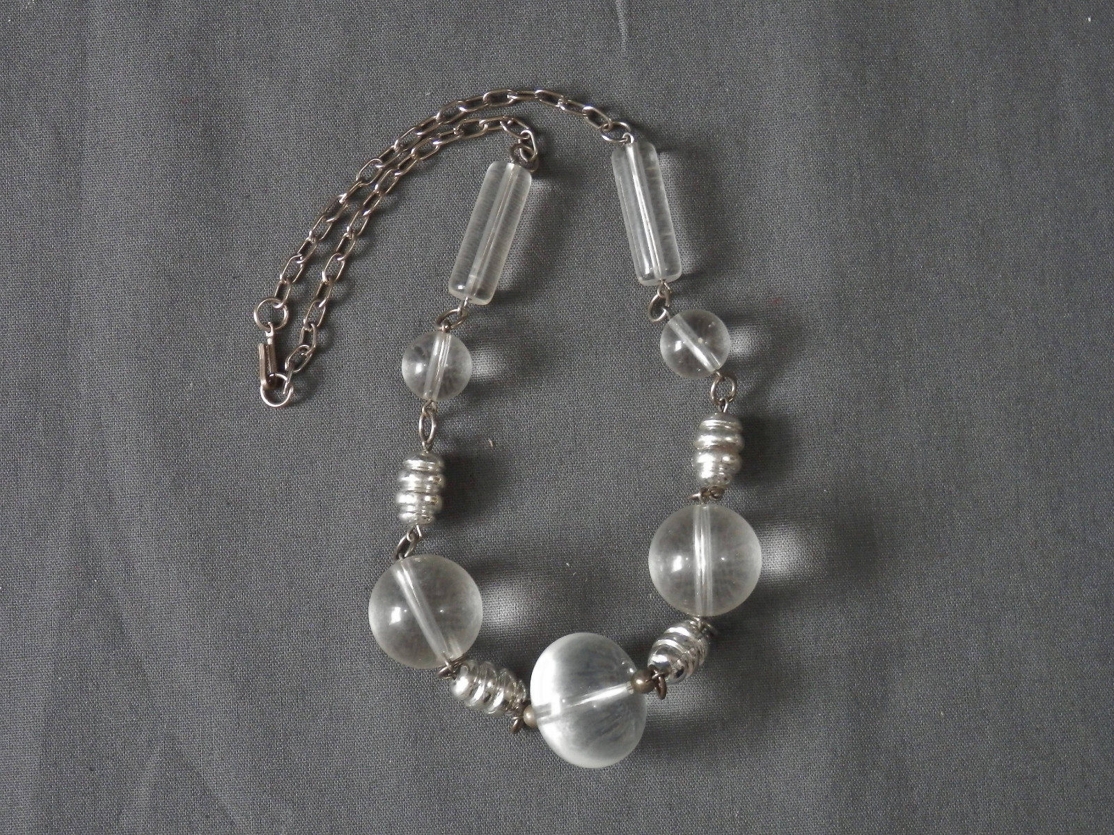Space Age Necklace Clear Lucite Balls with Silver Barrel Accents Vintage Modern