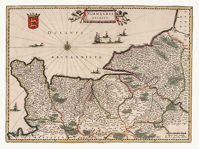 Old Antique Decorative Map of Normandy France de Wit ca. 1682