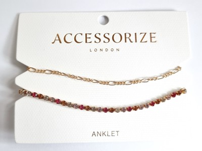 ACCESSORIZE, MIXED CRYSTAL COLOURED TENNIS & FIGARO CHAIN ANKLET SET OF TWO