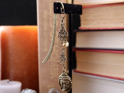Yoga Zen Bookmark Golden Buddha Head, Eternity Knot, Namaste and Swarovski Bead