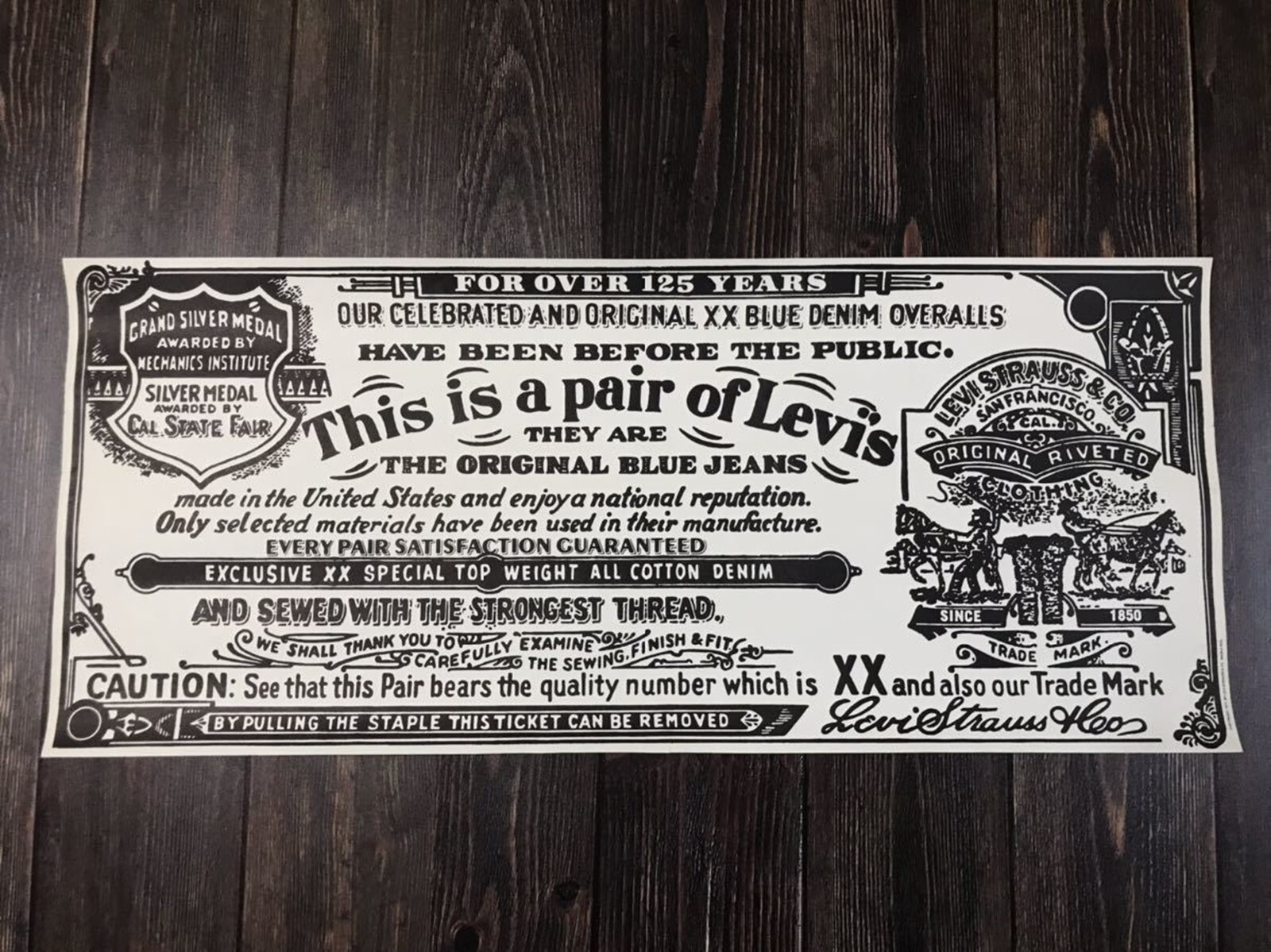 Levi's Original 1977 Rare Poster Guarantee Ticket FOR OVER