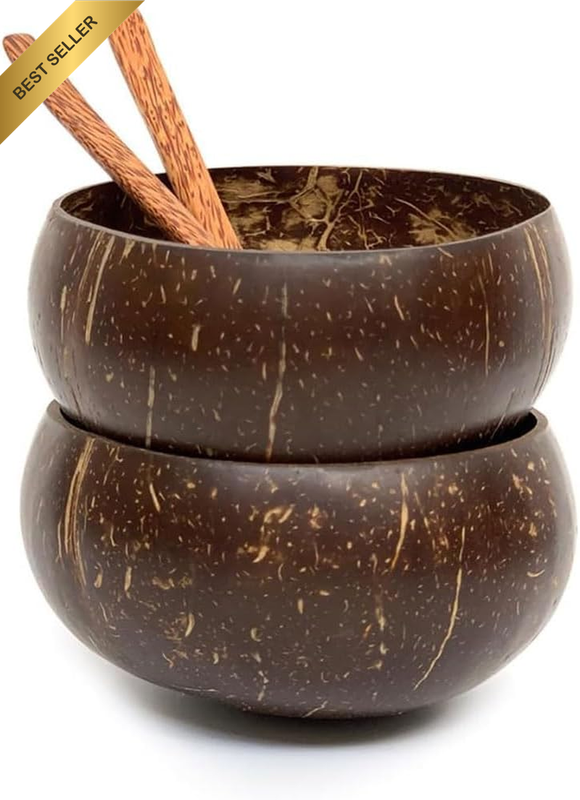 2PCS Natural Coconut Shell Bowls with Spoon – Handcrafted Eco-Friendly Tableware