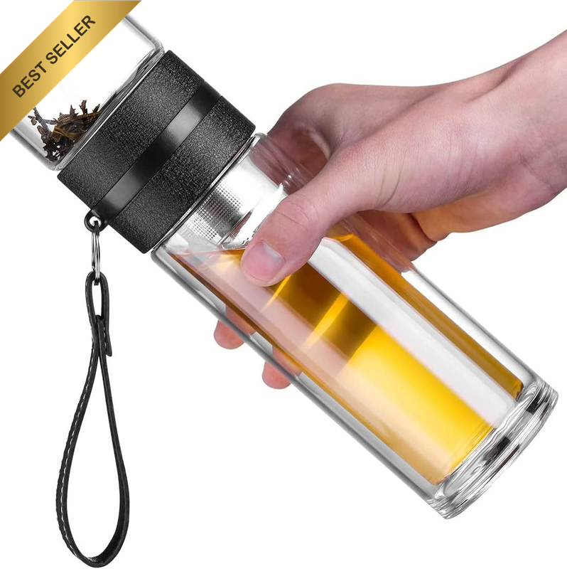 450ML Tea Infuser Travel Bottle,Double Wall High Borosilicate Glass Water Bottle