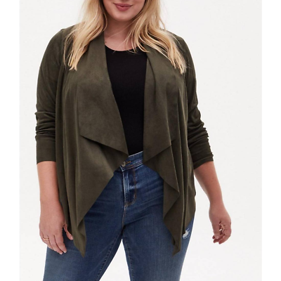 Torrid Faux Suede Drape Front Jacket Long Sleeve Open Front Olive