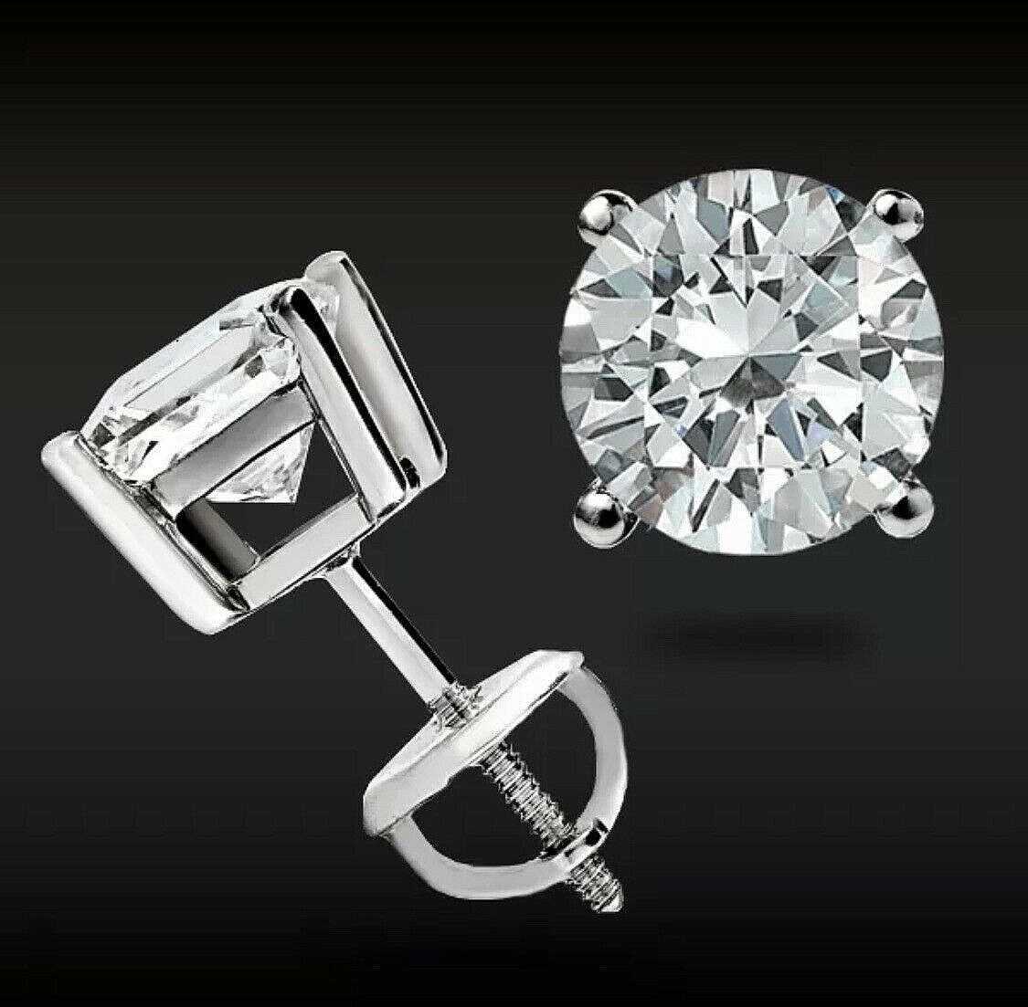 4.00 Ct Round Cut VVS1/D Lab Created Stud Earrings 14k White Gold Screw Back 8mm