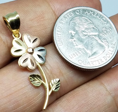 Pre-owned Handmade Gold 14k Good Luck Lucky Pendant Flower Clover Rose Charm Necklace Gift 1.35" In Pink