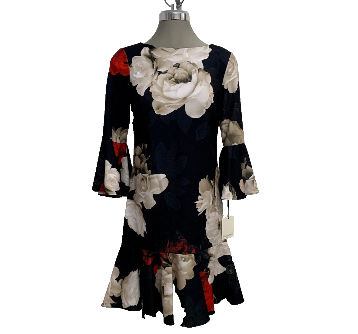 Новое элегантное платье-сорочка из крепа Calvin Klein Elegant FIRE MULTI с расклешенными рукавами 3/4, размер 2