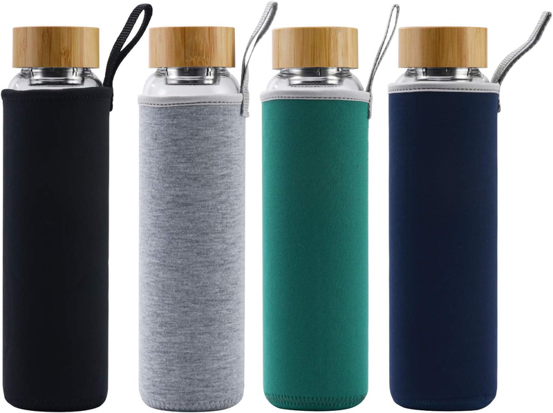 Glass Water Bottle 32 Oz Wide Mouth with Sleeve Bamboo Lid 1 Litre Motivational