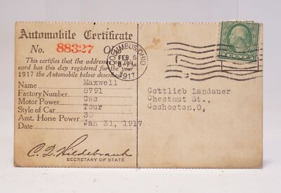 Rareté Automobile Certificat 1917 U.S.A. Columbus Ohio Chestnut Maxwell 8791