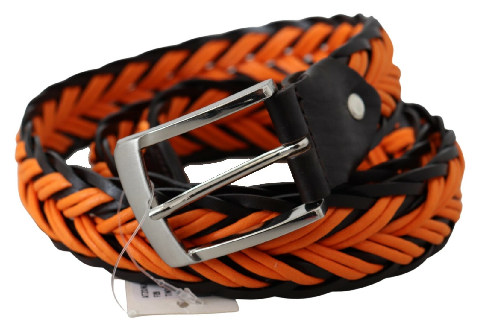 TINO COSMA Belt Orange Black Woven Leather Silver Chrome