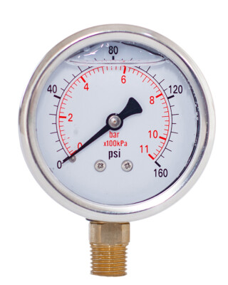 Pressure Gauge,Liquid Filled,2'' Dia,0-160 PSI,1/4 NPT Lower Mount