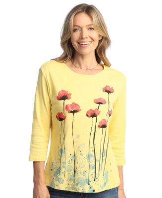 Jess & Jane shirt knit cotton M to Xl & plus size 141929 Yellow Confetti poppies