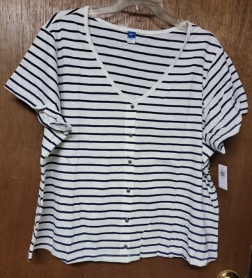 NWT Woman OLD NAVY Vee Neck FRONT BUTTON TOP Size XXL Blue & White Striped