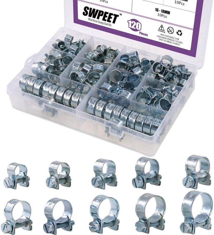 120Pcs 10 Sizes Zinc Plated Mini Fuel Injection Line Style Hose Clamp Assortment