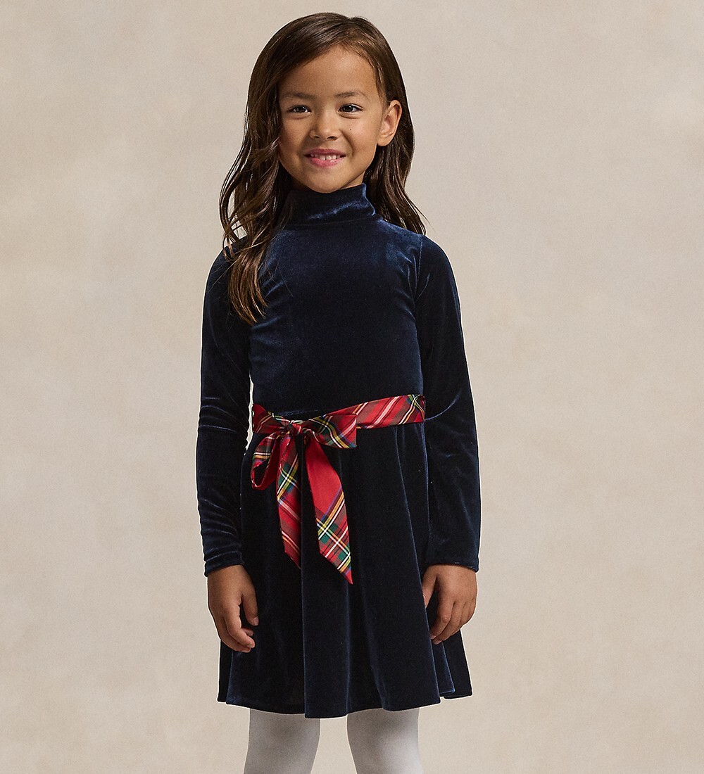 Polo Ralph Lauren Velvet High-Neck Mini Dress Girls' XL (16) Navy Button Neck - Picture 1 of 17