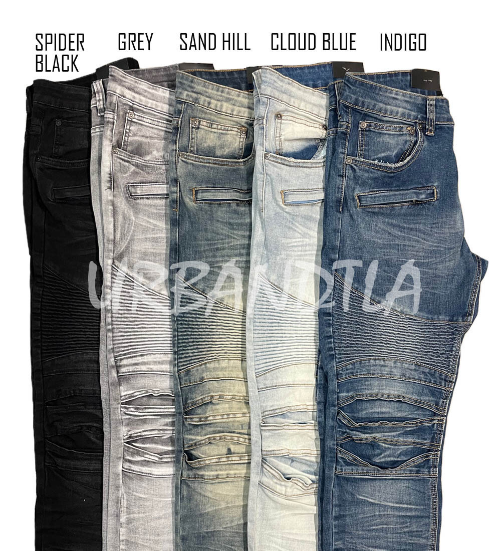 【SATIIIZ】Enso Biker Dirty Washing Denim Pants Men's Stretch Washed Denim Biker Jeans Distressed Moto Jeans