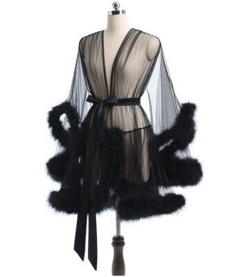 Women Sexy Tulle Feather Robe Lingerie Nightgown Bathrobe Lace-up Sleepdress