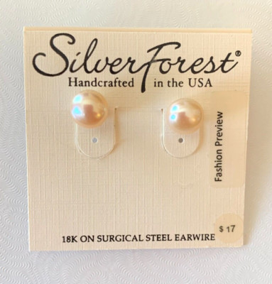 SILVER FOREST Handcrafted Gold Tone Post ~ Cream Colored Pearl Earrings 9mm ~NEW
