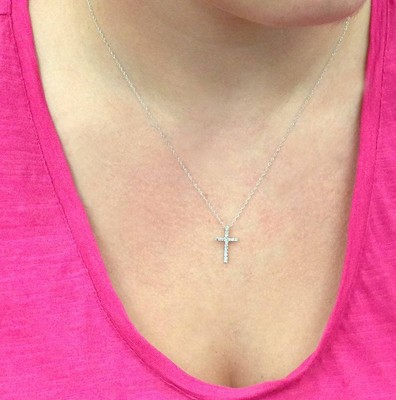 1/10 cttw Natural Diamond Small Cross Pendant Petite Necklace 10 KT White Gold