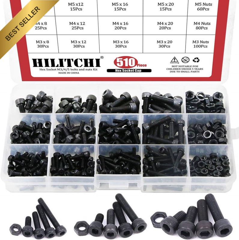 510-Pcs M3 M4 M5 Alloy Steel Socket Cap Screws Hex Head Bolt Nuts Assortment Kit