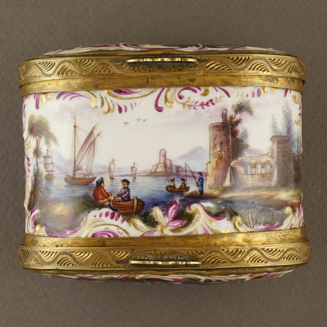 Antique German Porcelain Snuff Box Dual Sided Lids Hand Painted Harbor Scenes