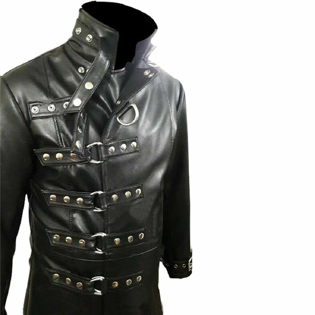 Pre-owned Bargainwoman Mens Genuine Black Leather Steampunk Goth Rave Festival Coat