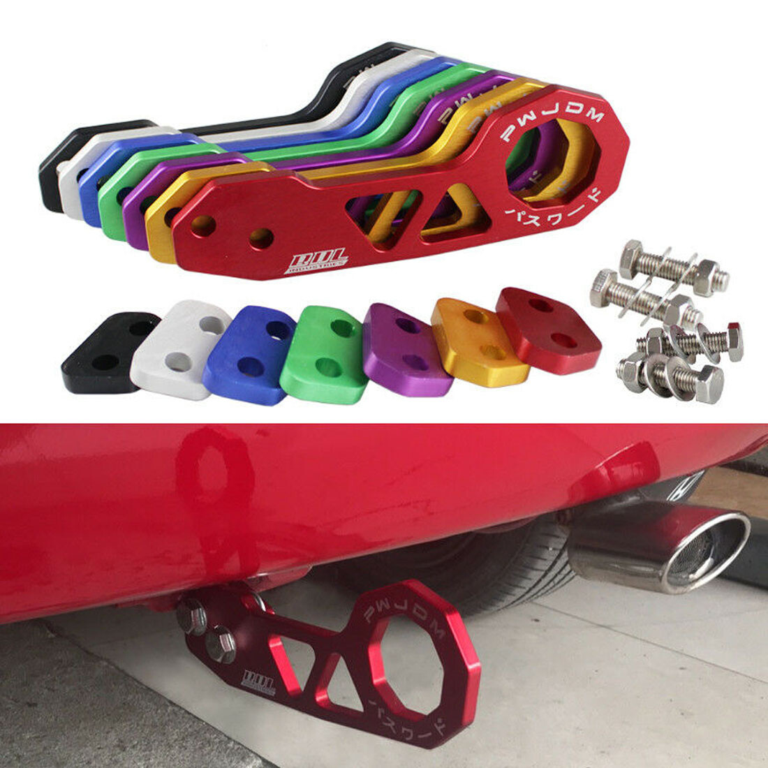 JDM Anodized Billet Aluminum Racing Rear Tow Towing Hook Kit CNC Paint