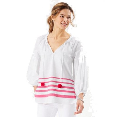 

Хлопковый топ Tommy Bahama с полосками с помпоном и рукавами 3/4, яркий румянец, S, Bright blush