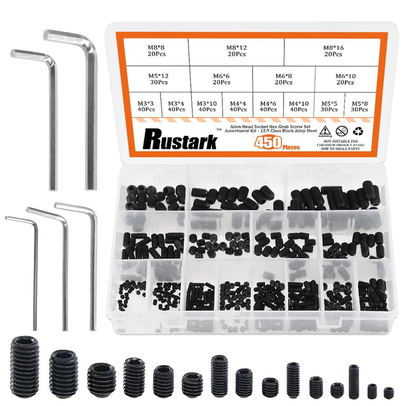 450Pcs M3/M4/M5/M6/M8 Allen Head Socket Hex Grub Screw Set Assortment Kit with I