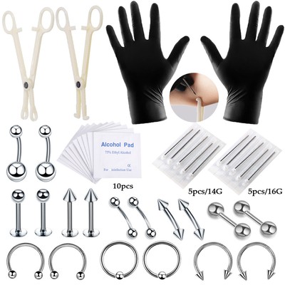 42Pcs Professional Body Piercing Tool Kit Ear Nose Navel Nipple Needles Set Part