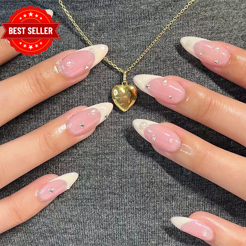 24PCS White French Tip Press on Nails Short Rhinestones Glossy False Nails Gloss