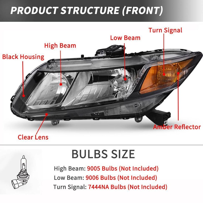 for 20122015 Honda Civic Black Housing Headlights Headlamps Assembly