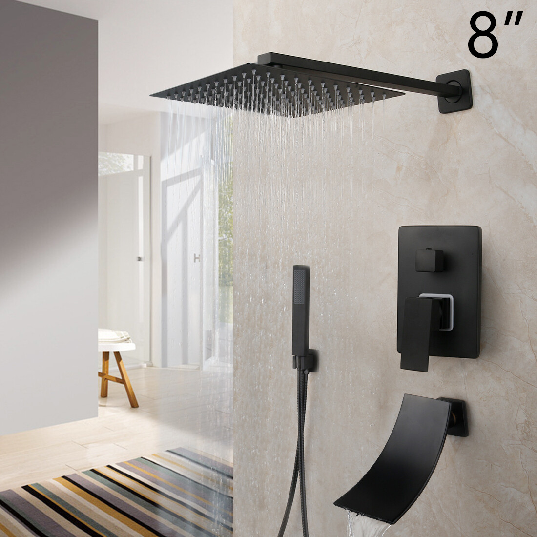 Shower Faucet Set Matte Black Square Rain Shower Heads Waterfall Tub