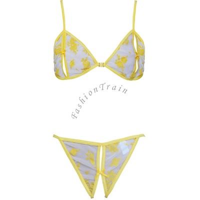 Sexy Womens Yellow PeekABoo Mesh Bra and Open Butts Bottoms Bikini Sleepwear 