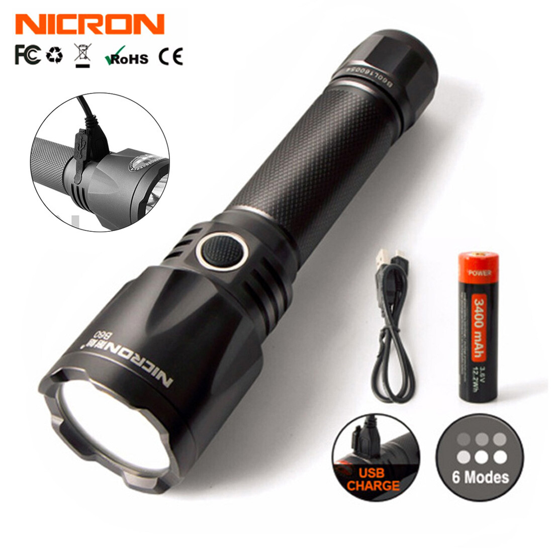 Nicron 1000LM Super Bright Cree LED Rechargeable Flashlight