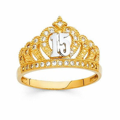 14K Yellow Gold Crown Sweet 15 Anos Quinceanera Ring Anillo de Oro Corona