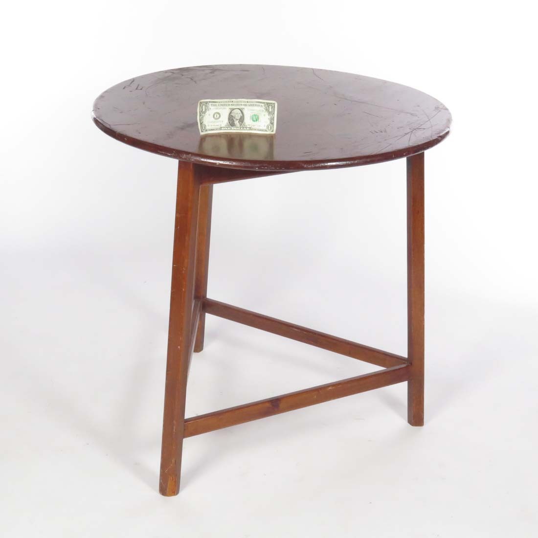 Vtg wooden cricket table round stretcher base rustic primitive country farmhouse