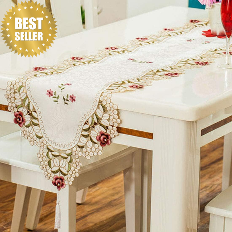Flowers Embroidered Short Satin Floral Table Runner - Red Rose Flower (38Cm X 15