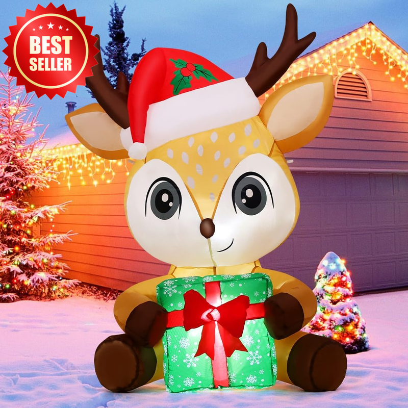5 FT Christmas Inflatable Reindeer Holding Box Outdoor Decoration Built-in LEDs 