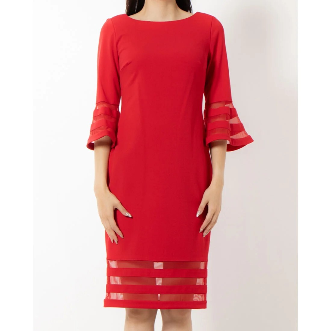 Размер 8 Элегантное женское платье-футляр Calvin Klein из красного крепа с расклешенными манжетами-иллюзиями