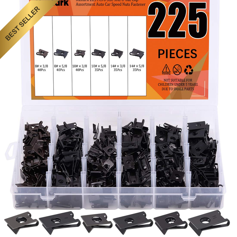 225 Pcs 6 Size SAE U-Nut Clip Assortment Auto Car Speed Nuts Fastener with Store