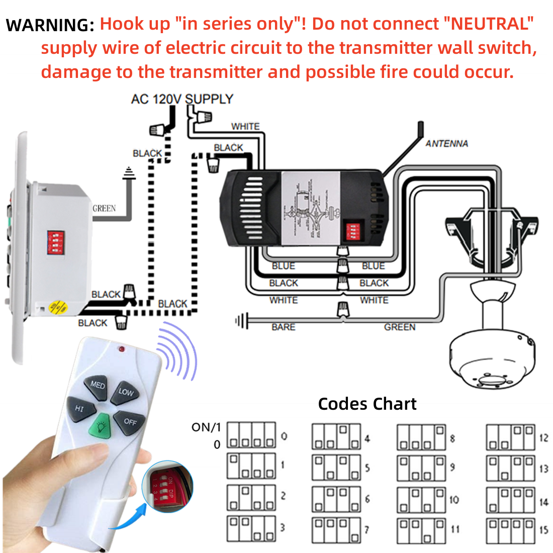 Ceiling Fan  Wall Remote Control UC9050T 4DIP Switch For Harbor Breeze Hampton