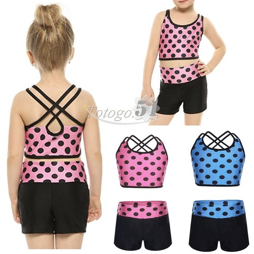 2pcs Girls Strappy Top Bra+Shorts Tankini Swimsuit Swimwear Gymnastics Leotard