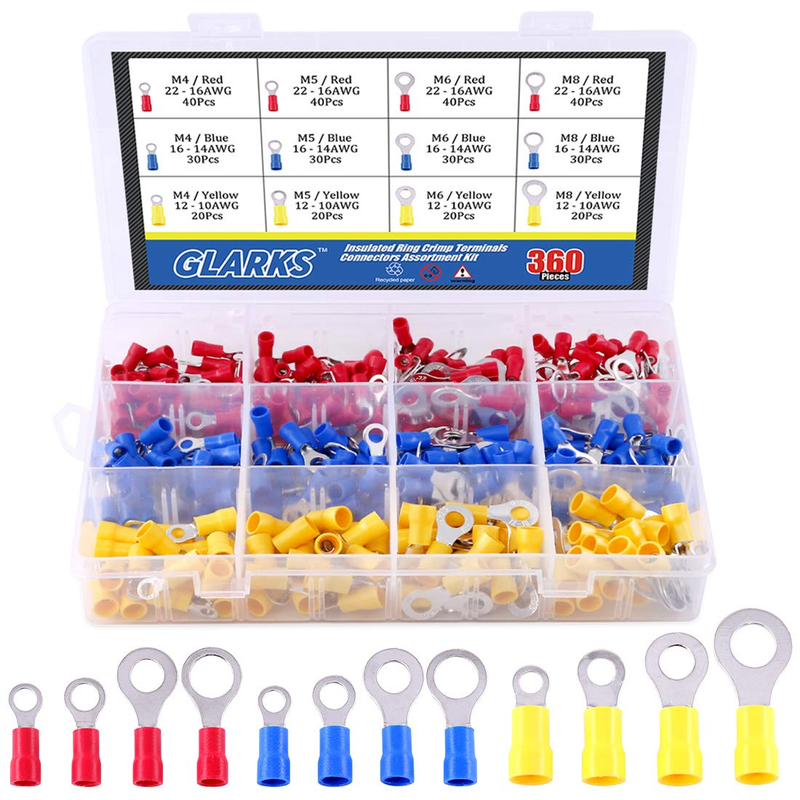 360pcs 22-16/16-14/12-10 Gauge Mixed Quick Disconnect Electrical Insulated M4 /