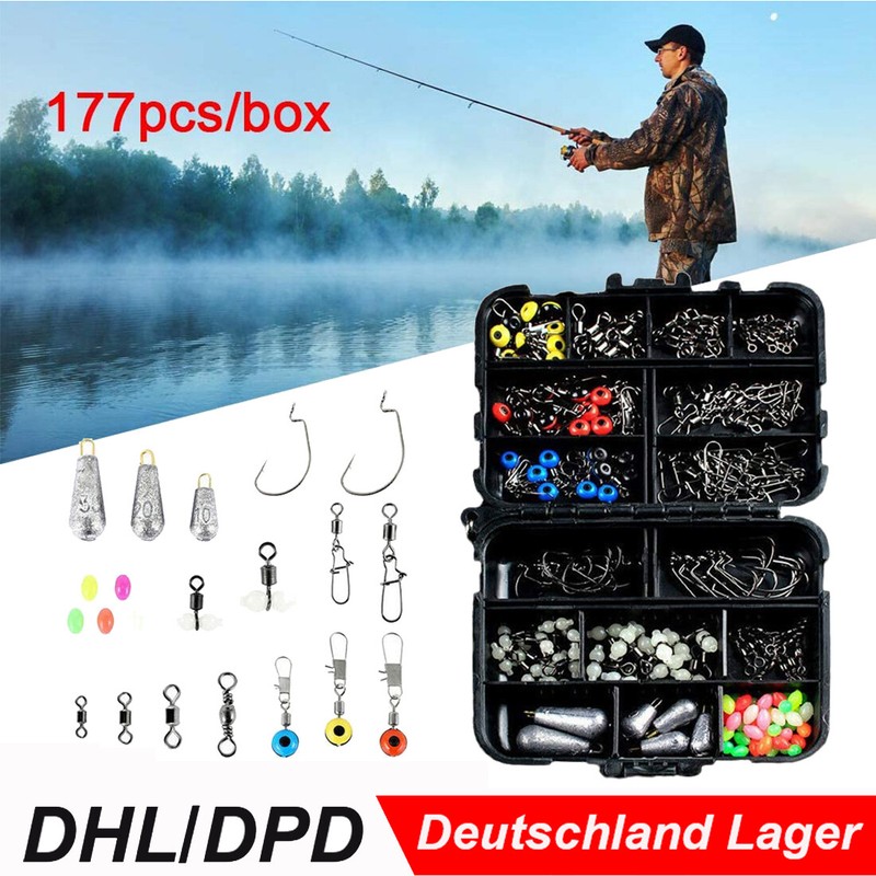 177Stk Angelzubehör Set Gerätekoffer Angelausrüstung Haken Sinker Gewichte