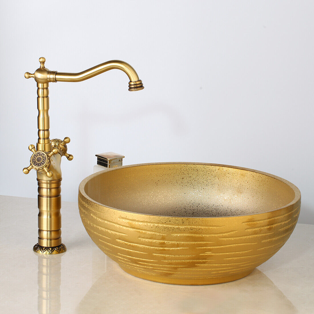 Gold Bathroom Round Ceramic Wash Basin Bowl Sink Antique Brass