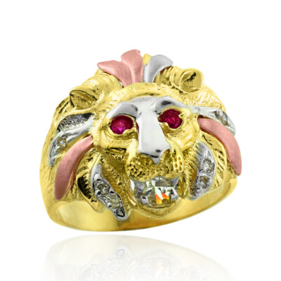 Pre-owned Fdj Tri-tone Gold Lion Head Men's Cz Ring In Red