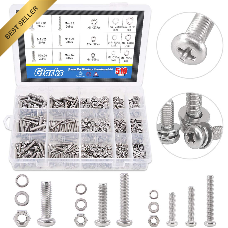 510 Pieces Pan Head Stainless Steel Screws Nuts Lock and Flat Gasket Washers Ass