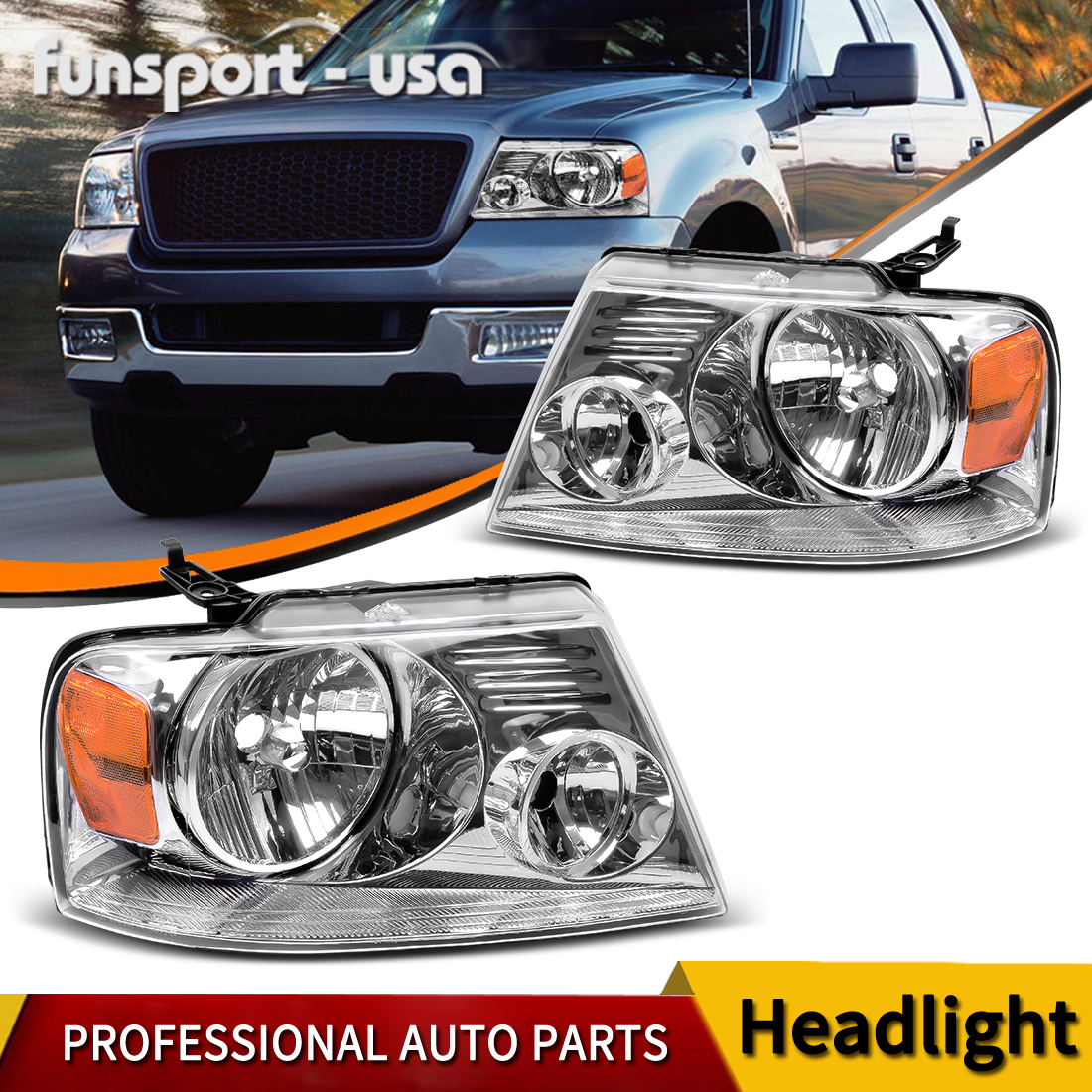 For 2004-2008 Ford F150 Headlights Assembly Chrome Housing Amber Reflector